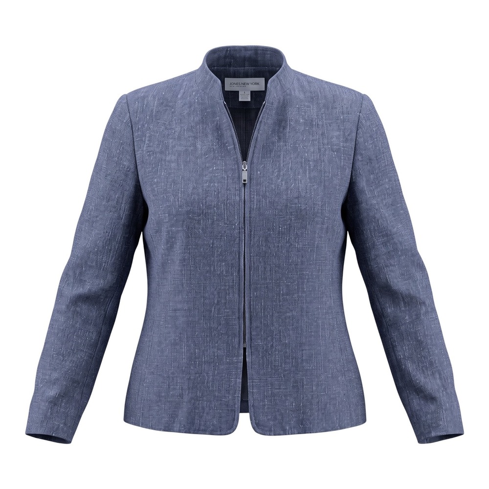 Jones New York Blazer Women's 14P Blue 100% Linen Full Zip Mock Neck Jacket